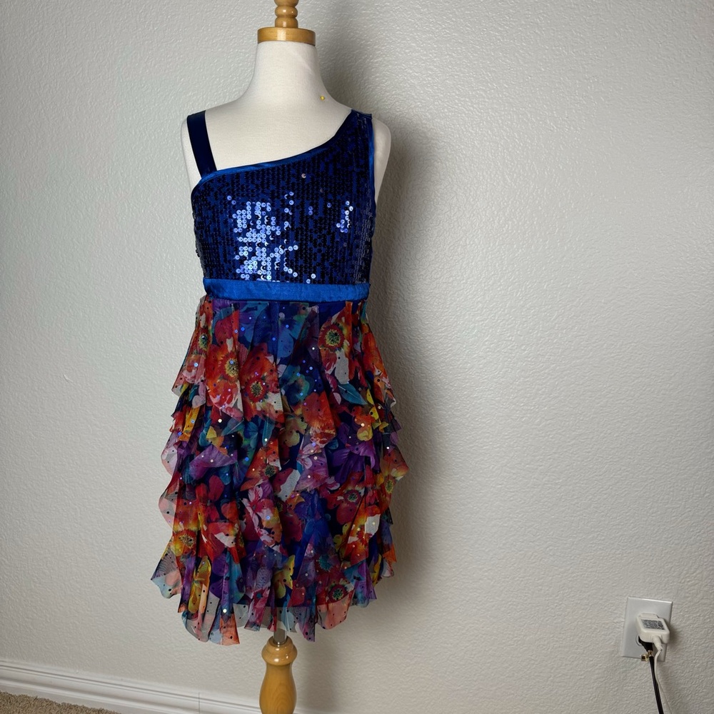 GIRLS Sz 12 Party mini dress blue sparkly & flowers special occasion
